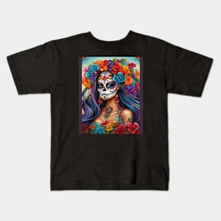 Floral Splendor in Sugar Skull Makeup: Honoring Dia de los Muertos Kids T-Shirt